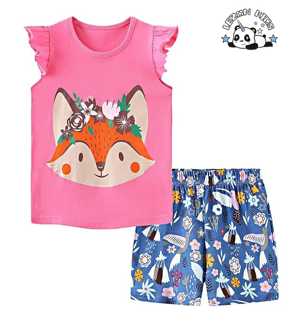 LEZONKIDS - Conjunto de Roupas de Verão para Crianças de 2 Peças: Camiseta sem Manga com Estampa e Shorts para Meninas com Logotipo Personalizado